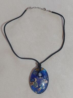 Blue HAND PAINTED Millefiori Glass Pendant Necklace on Black Cord